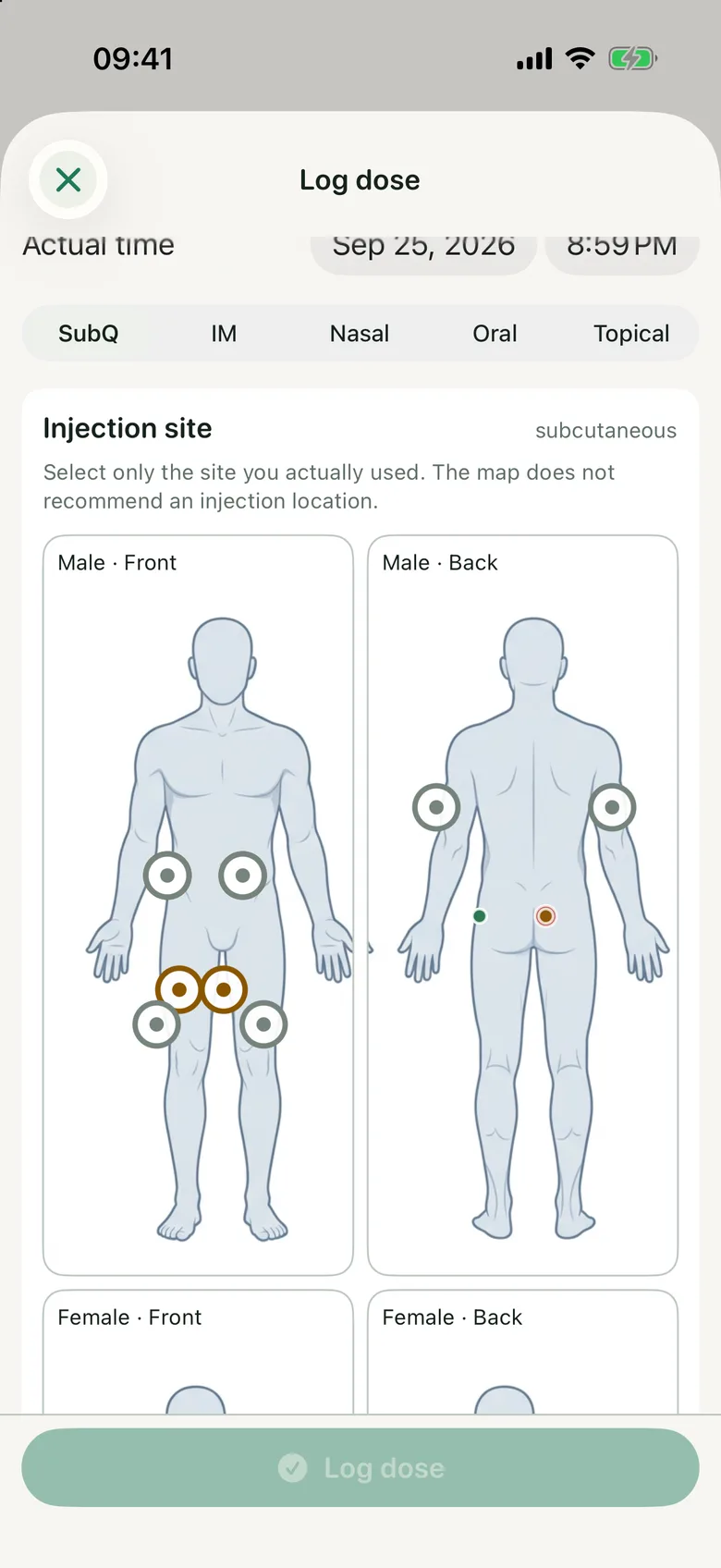 Pinned Log dose sheet with the body map, front and back views, and the note that the map does not recommend an injection location