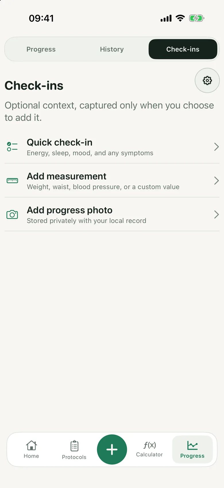 Pinned Check-ins screen with quick check-in, add measurement and add progress photo