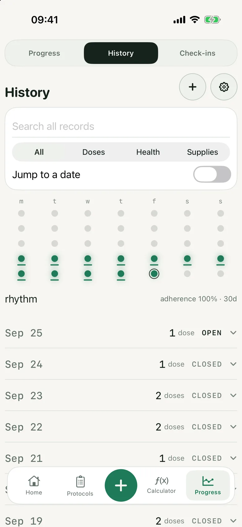 Pinned History screen with a search field, a calendar of recorded days and the number of doses logged each day