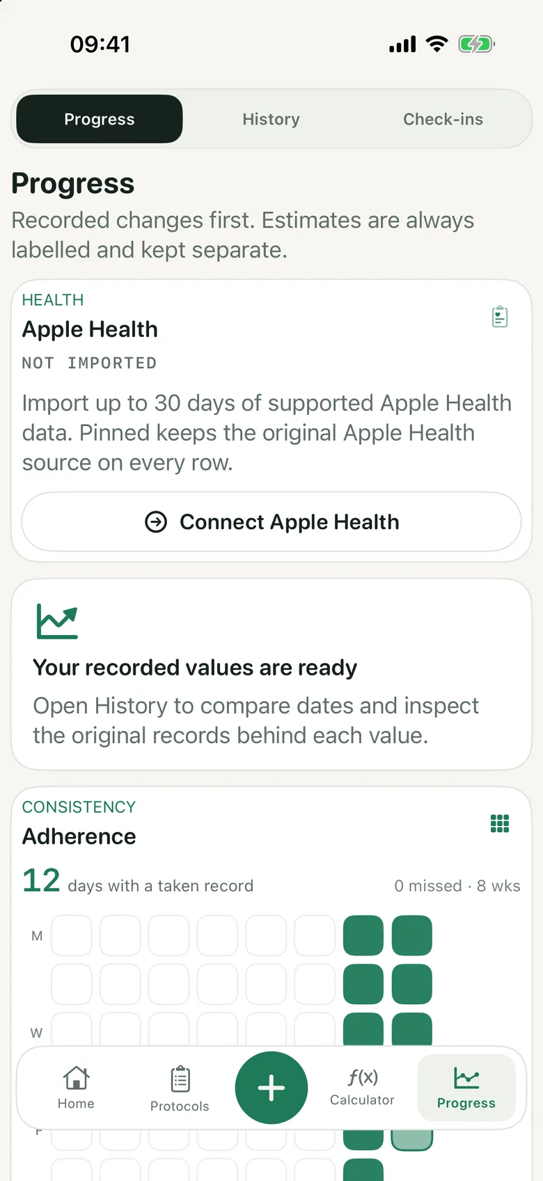 Pinned Progress screen with the Apple Health import card and the adherence calendar