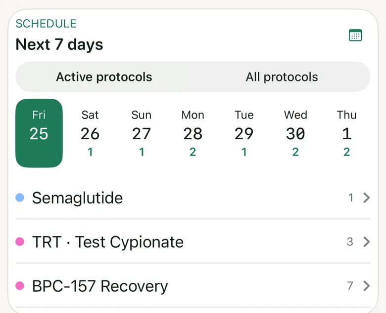 Pinned schedule card with the next seven days of scheduled records and three active protocols