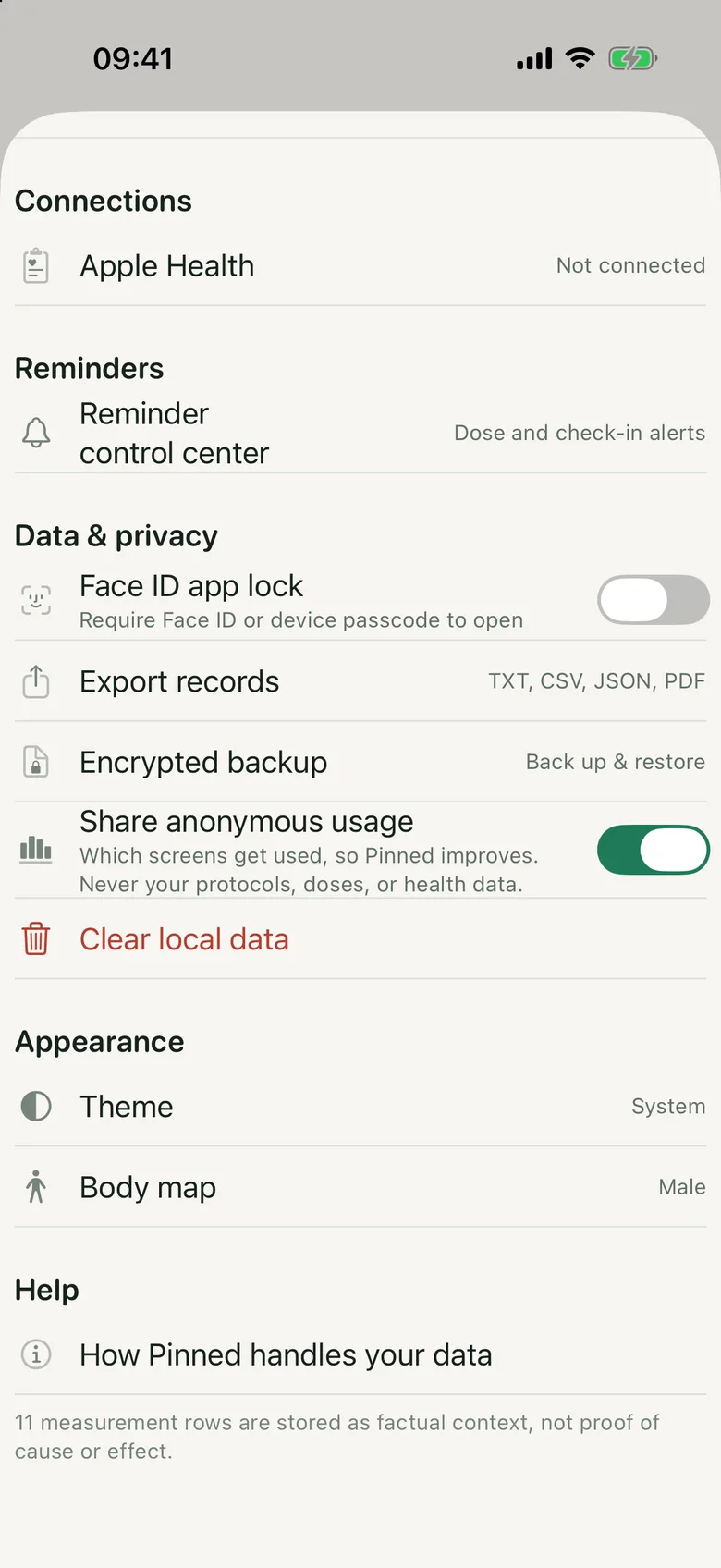 Pinned Settings with Face ID app lock, Export records, Encrypted backup and Clear local data
